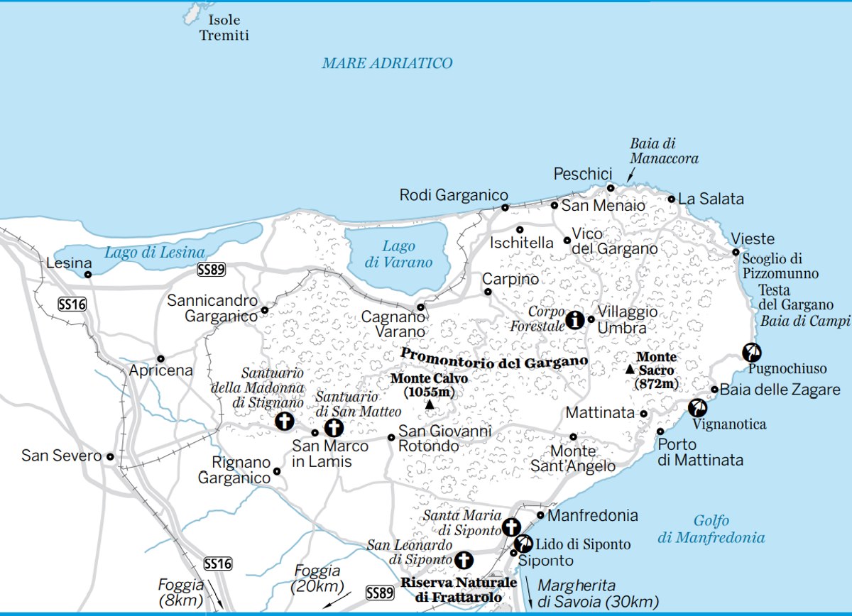 La cartina gegrafica del Gargano con le località
